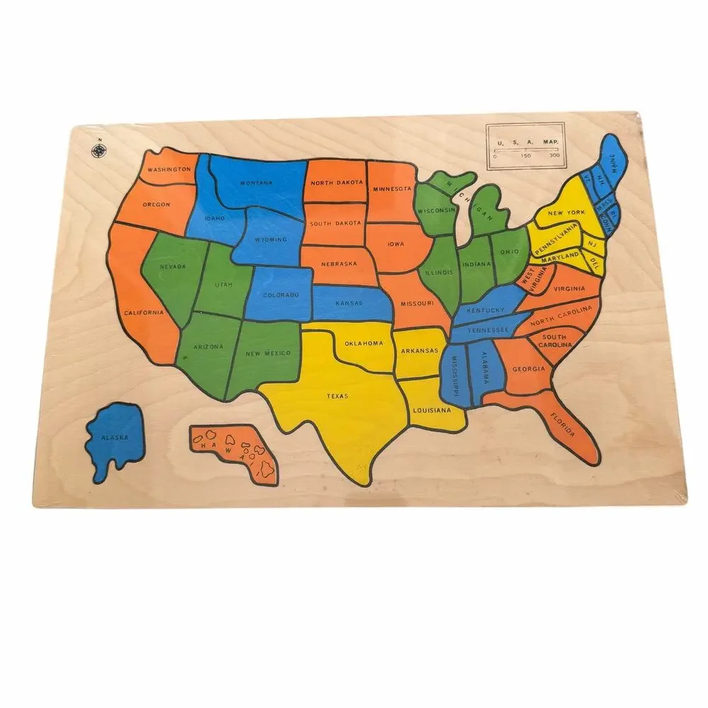 Wooden United States Puzzle Map Vintage 1980's Wood Jigsaw Chadwick Miller? READ